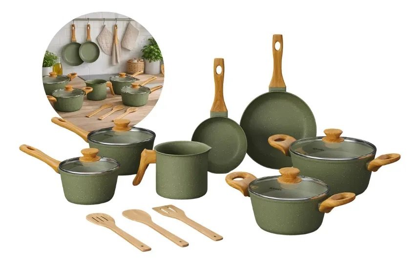 Kit jogo panela cozinha fogao inducao gas eletrico 10 pecas cor venturina Mimo Style